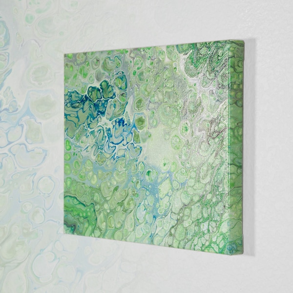 Prosaic | Original Fluid Acrylic Pour Painting, Green Fluid Painting, Canvas Wall Art, Green Canvas Art, Small Painting, Bedroom Decor, 8x10