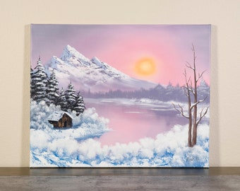 Winter Silence | Original Winter Landscape Oil Painting, Bob Ross Inspired, Snowy Landscape Art, Frozen Lake, Pink Canvas Wall Art, 16x20