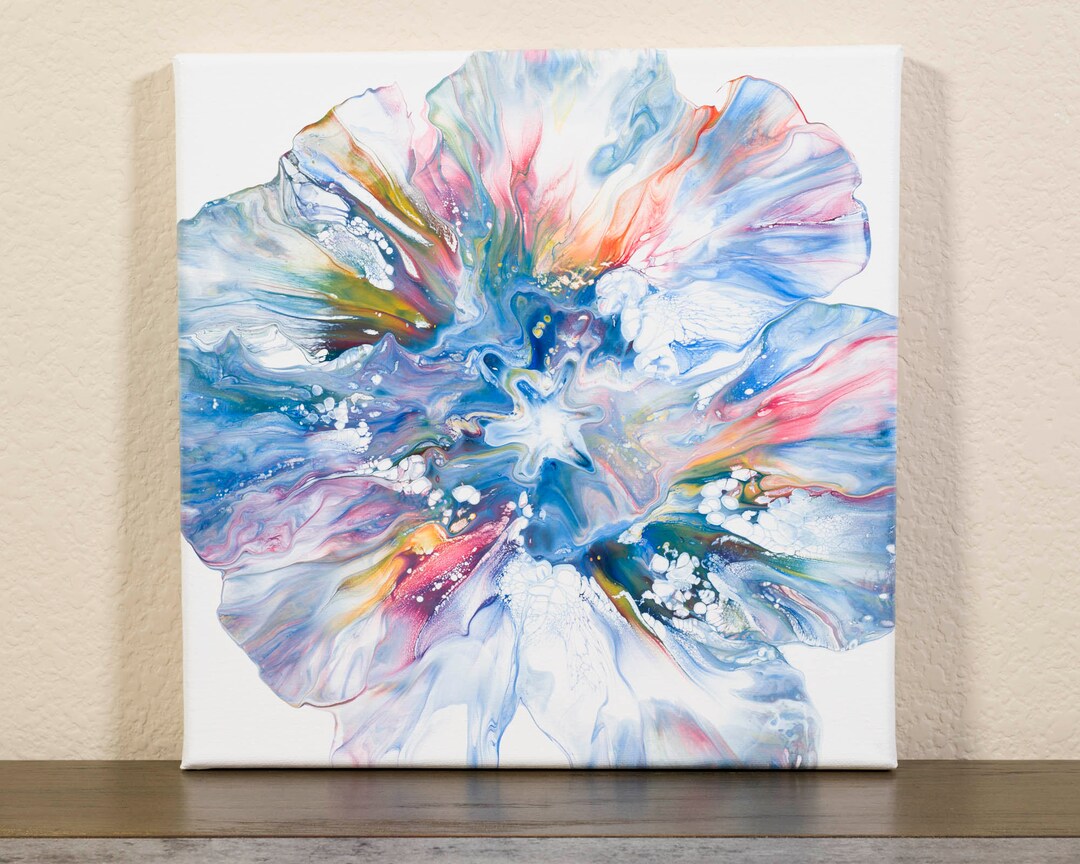 Puddle Bloom Original Fluid Acrylic Pour Painting, Colorful Fluid