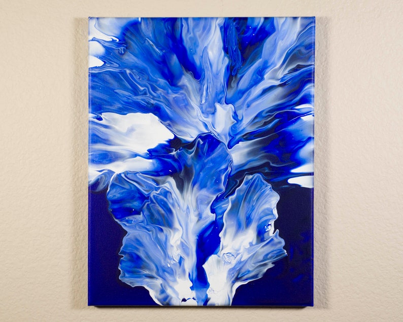 Emergence Original Fluid Acrylic Pour Painting, Blue and White Canvas
