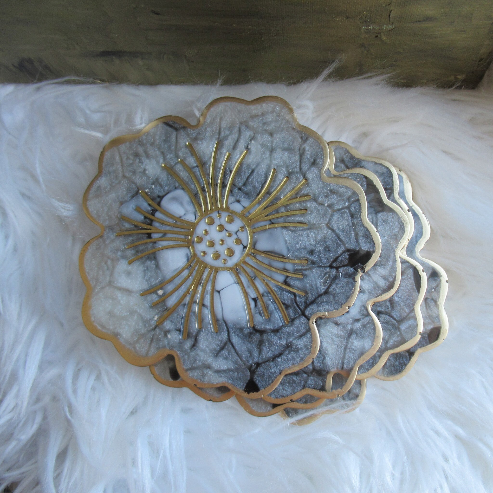 4 unique geode resin coasters Gold leaf and Gray Resin Coaster Set