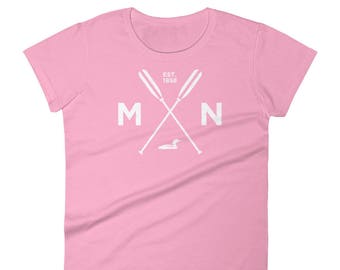 Adventure Minnesota T Shirt - MN, Est 1858, Loon, Oars Women's Short Sleeve T-Shirt