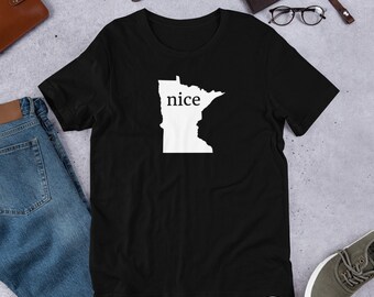 May include: Black t-shirt with a white outline of the state of Minnesota and the word "nice" inside the outline.
