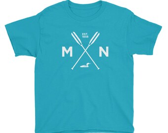 Adventure Minnesota T Shirt - MN, Est 1858, Loon, Oars Youth Short Sleeve T-Shirt