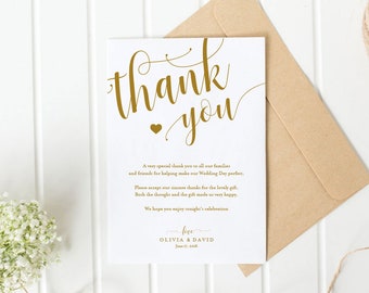 gold wedding thank you printable template thank you card etsy