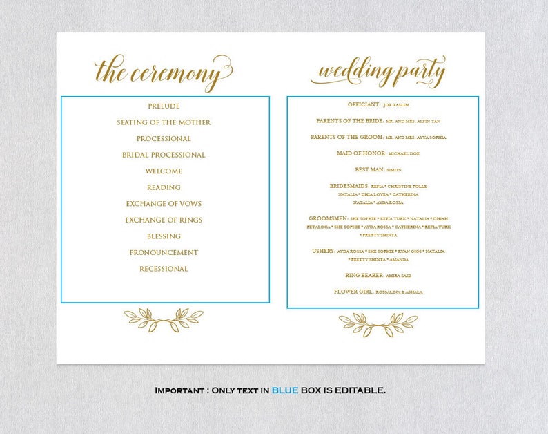 PDF Instant Download Gold Folded Wedding Program Printable ecc Program Template Folded Wedding Program Template