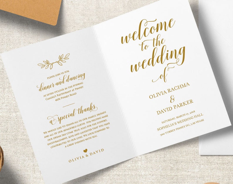 PDF Instant Download Gold Folded Wedding Program Printable ecc Program Template Folded Wedding Program Template