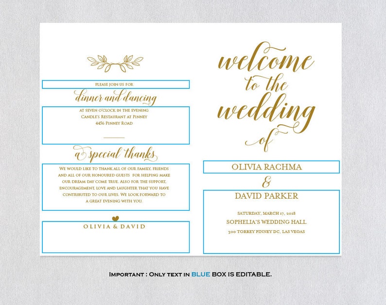 PDF Instant Download Gold Folded Wedding Program Printable ecc Program Template Folded Wedding Program Template