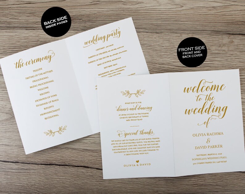 PDF Instant Download Gold Folded Wedding Program Printable ecc Program Template Folded Wedding Program Template
