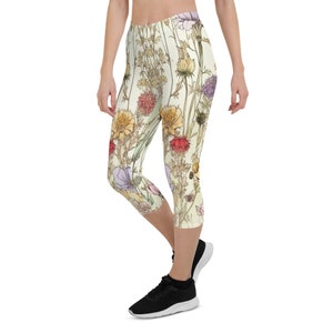 Floral Print Leggings, Colorful Botanical Garden Tights, Soft Stretch Yoga Pants, Unique Designer Activewear, Capri Leggings