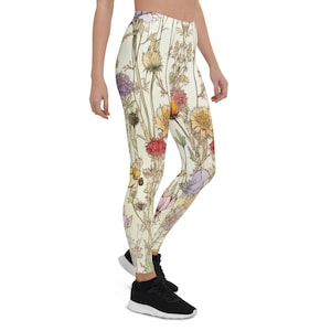 Floral Print Leggings, Colorful Botanical Garden Tights, Soft Stretch Yoga Pants, Unique Designer Activewear, Gift for Her Leggings