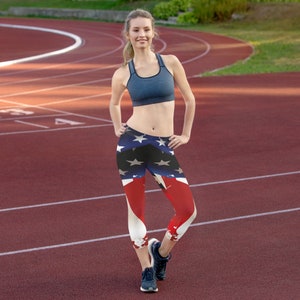 Patriotic American Flag Leggings, Red White Blue Stars Stripes Yoga Pants, USA Independence Day, Star Pattern, July Fourth, Capri Leggings