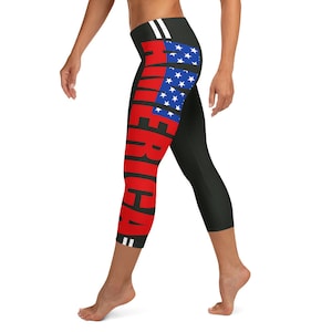 Patriotic American Flag Stripe Print Leggings, Red White and Blue, Women&#39;s Activewear, Gym Workout Tights, USA Pride, Capri Leggings