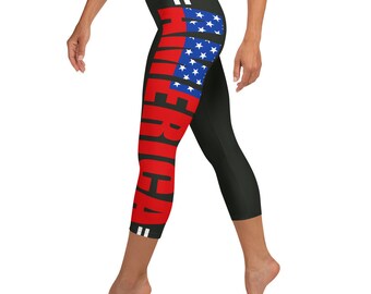 Patriotic American Flag Stripe Print Leggings, Red White and Blue, Women&#39;s Activewear, Gym Workout Tights, USA Pride, Capri Leggings