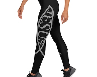 Jesus Fish, Women&#39;s Christian Fish Jesus Leggings, Inspirational Faith Workout Pants, Religious Yoga Athletic Wear,  Full Length Leggings