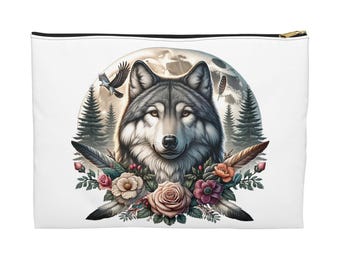 Bolsa de accesorios con diseño floral de lobo: neceser de viaje con motivos de vida silvestre