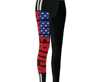 Patriotic American Flag Stripe Print Leggings, Red White and Blue, Women's Activewear, Yoga Pants, Gym Workout Tights, USA Pride, Leggings