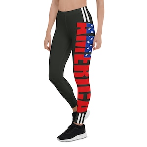 Patriotic American Flag Stripe Print Leggings, Red White and Blue, Women&#39;s Activewear, Gym Workout Tights, USA Pride, Full Length Leggings