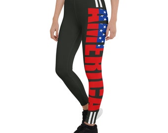 Patriotic American Flag Stripe Print Leggings, Red White and Blue, Women's Activewear, Gym Workout Tights, USA Pride, Full Length Leggings