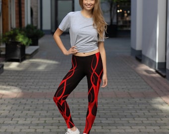 Flammes traditionnelles, flammes rouges, leggings à imprimé flammes, pantalon de yoga rouge et noir taille moyenne, collants d'entraînement Fire Design, leggings sur toute la longueur