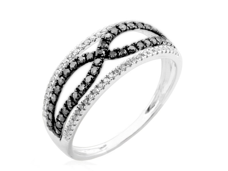 Gold Plated 925 Sterling Silver Black /& White Diamond Ring Criss Cross Ring Natural Diamond Fancy Ring Goldenstar 0.43ct