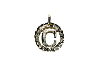 Goldenstar Solid 14k Gold Initial "C" Pendant, 14k Yellow Gold Wreath "C" Letter Charm Pendant