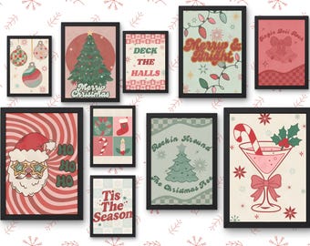 Retro kerstmuurkunstset | Vakantieafdrukken | Kerstdecoratie | 3 beeldverhoudingen | Digitale download