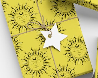 Mystical sun wrapping paper for bridal shower, witchy gift wrap roll for birthday gift, resting sun face with crescent moon adornment