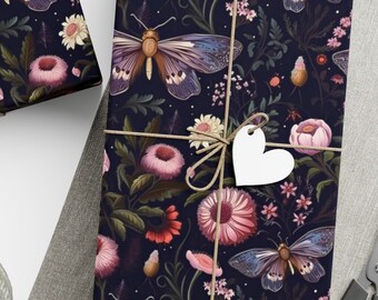 Witch Garden Moth wrapping paper for all occasions, dark academia gift wrap, witchy birthday gift wrapping paper jumbo rolls, cottagecore