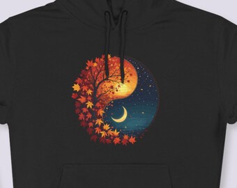 Felpa con cappuccio equinozio d'autunno, felpa con cappuccio natura stregata, luna crescente autunnale, estetica pagana wiccan, regalo celeste per Mabon, Yin Yang, taglie forti