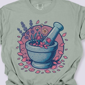 Camiseta de boticario brujo, camiseta de pociones mágicas con hierbas, estética cottagecore de bruja, regalo de herbolario botánico, camiseta de bruja verde