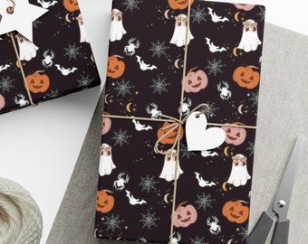 Ghost wrapping paper, pumpkin gift wrap paper for kids, cute ghost wrapping paper sheets, Halloween gift wrap, funny ghost, moon, stars