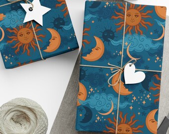 Unique sun moon and clouds  wrapping paper for birthday, celestial gift wrap for baby shower