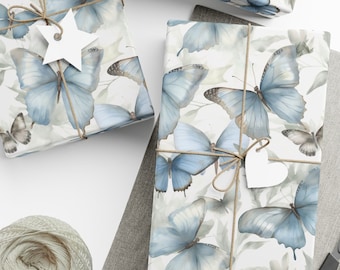 Pastel butterfly wrapping paper in blues for birthday gifts, butterflies gift wrap