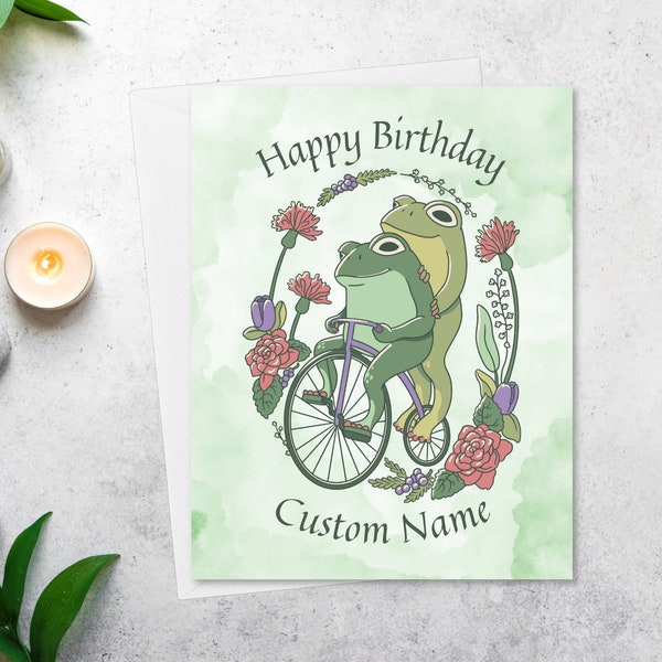 Personalized frog birthday card, cottagecore custom birthday card for best friend, frog riding a bicycle, custom floral notecard, HB006