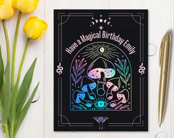 Magical birthday card, witchy custom birthday card for best friend, moth greeting card, mushroom custom notecard, boho handmade card, HB005