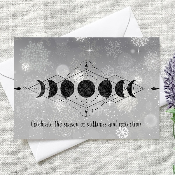 Winter Solstice card, handmade greeting card set for Yule, pagan holiday greeting card, yuletide card, holiday moon phases design WS001