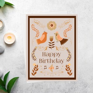 Carte d'anniversaire de style art folklorique avec des oiseaux, carte d'anniversaire personnalisée cottagecore pour maman, carte de voeux nature faite main pour fille, HB003