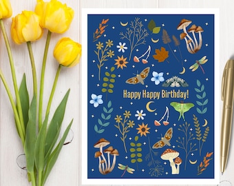 Cottagecore birthday card, witchy custom birthday card for best friend, luna moth greeting card, mushroom custom notecard, boho HB011
