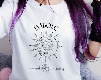 Maglietta Imbolc, regalo di compleanno da strega per adolescenti, ruota pagana dell'anno, regali pagani, sole e luna, maglietta Wicca, abbigliamento Wiccan per donne