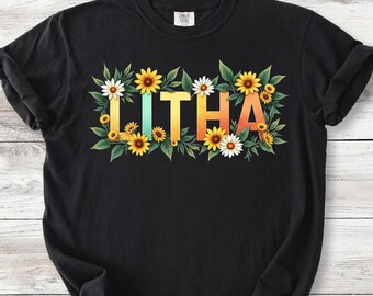 Maglietta Litha per il solstizio d'estate, con stampa floreale e girasoli.