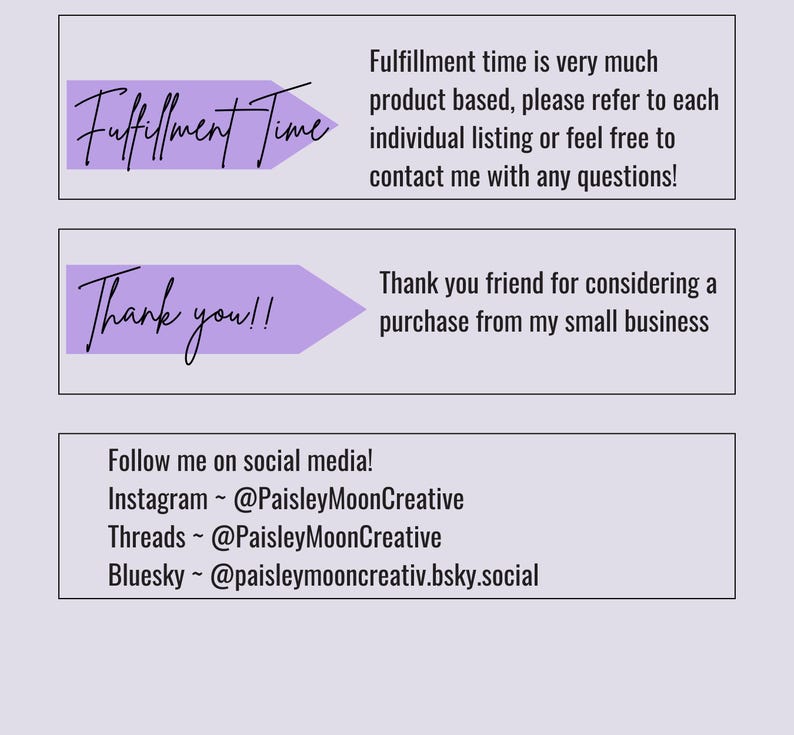 May include: Image with text on a light purple background. The text includes "Fulfilment Time" and "Thank you!!" in cursive, along with social media handles for Instagram, Threads, and Bluesky.