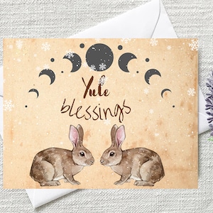 Winter Solstice card, handmade for Yule, holiday note card set, yuletide card, woodland bunnies card, moon phases cards, WS022