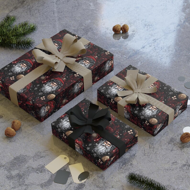 Pagan santa gift wrap rolls, goth Christmas, retro Santa wrapping paper, dark academia wrapping paper, gothic winter solstice, yule wrap image 2