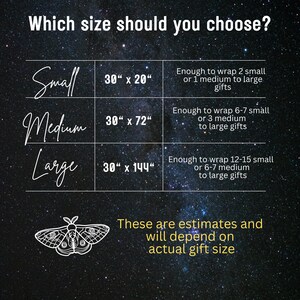 May include: A chart showing three sizes of wrapping paper with their dimensions and the number of gifts each size can wrap. The sizes are small (30" x 20"), medium (30" x 72"), and large (30" x 144"). The text below the chart says "These are estimates and will depend on actual gift size."