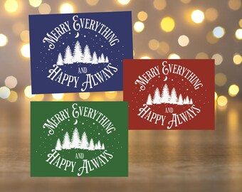 Tarjeta de felicitación del solsticio de invierno: silueta de bosque rojo, feliz año nuevo