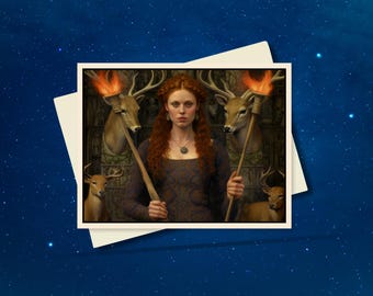 Mystieke bos Beltane-kunstkaart, vuurgodin Wicca-wenskaart voor Beltane, rustieke heksachtige esthetiek, etherische fantasiekunst, BL007