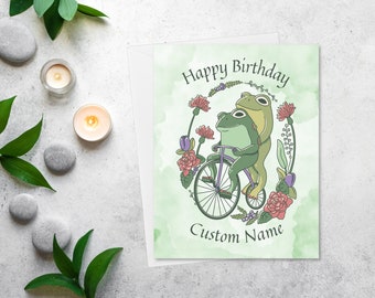 Personalized frog birthday card, cottagecore custom birthday card for best friend, frog riding a bicycle, custom floral notecard, HB006