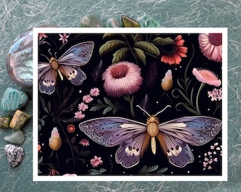 Witch garden moth notecard set for nature lover, witchy dark academia notecards for students, cottagecore floral greeting, maximalist WT001