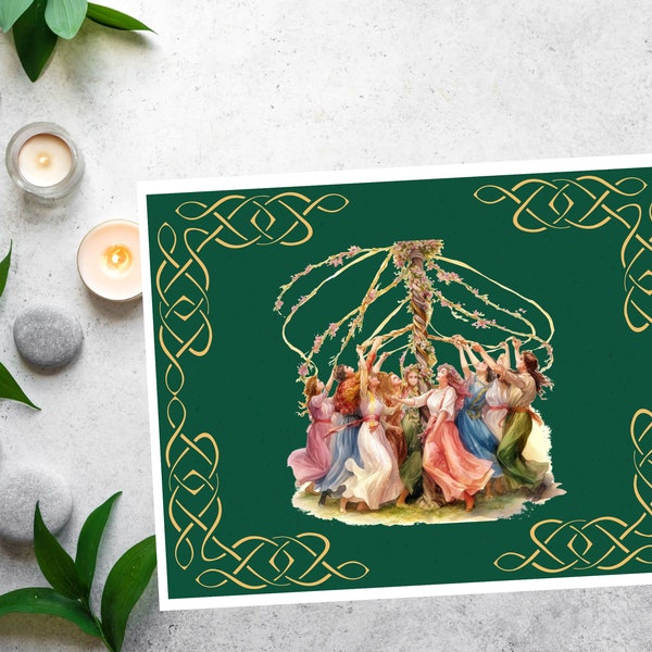 Dancing maypole for Beltane greeting card, Celtic Wiccan wheel of the year notecard set BL013